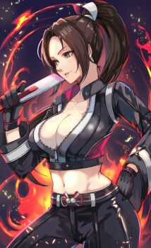 1girl absurdres black_gloves black_jacket black_pants breasts brown_eyes brown_hair cleavage commentary_request cropped_jacket fatal_fury fatal_fury:_city_of_the_wolves fire folded_fan folding_fan gloves hand_fan high_ponytail highres jacket kanihara_hitori large_breasts midriff motoyui navel ninja pants partially_unzipped ponytail shiranui_mai solo the_king_of_fighters zipper zipper_pull_tab