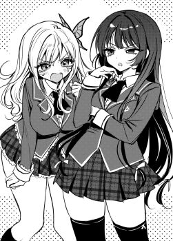2girls akiyama_enma blazer blush boku_wa_tomodachi_ga_sukunai breasts butterfly_hair_ornament collared_shirt commentary_request cowboy_shot dress_shirt feet_out_of_frame greyscale hair_ornament half-closed_eye highres jacket kashiwazaki_sena large_breasts long_hair long_sleeves medium_breasts mikazuki_yozora miniskirt monochrome multiple_girls open_mouth plaid_clothes plaid_skirt pleated_skirt school_uniform shirt simple_background skirt socks thighhighs very_long_hair white_background zettai_ryouiki