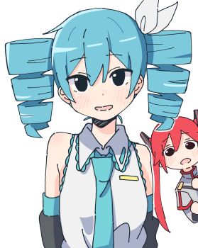 2girls alternate_hairstyle aqua_hair auhuheben17 blush cosplay detached_sleeves hair_between_eyes hair_ornament hairstyle_switch hatsune_miku highres kasane_teto kasane_teto_(sv) looking_at_viewer multiple_girls red_hair synthesizer_v twintails upper_body utau vocaloid