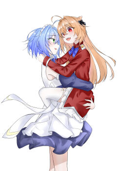 2girls absurdres arms_around_neck blonde_hair blue_bow blue_bowtie blue_hair bow bowtie chinese_commentary commentary_request cone_hair_bun detached_sleeves dress fang green_eyes hair_bun hand_on_another&#039;s_waist highres hikikomari_kyuuketsuki_no_monmon hug long_hair maid_headdress multiple_girls open_mouth red_dress red_eyes short_hair simple_background smile terakomari_gandezblood thighhighs villhaze white_background white_dress white_thighhighs wo_zhen_te_me_xue_bu_hui_shang_shai yuri