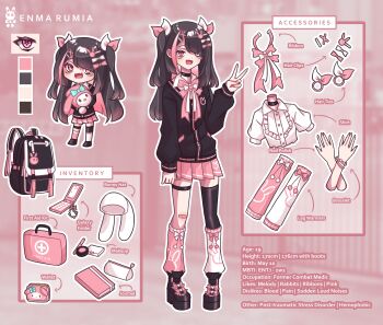 1girl :d absurdres animal_charm animal_ears arm_at_side arrow_(symbol) artist_name artist_self-insert asymmetrical_bangs asymmetrical_legwear backpack bag bag_charm bags_under_eyes bandaid bandaid_on_knee bandaid_on_leg bead_bracelet beads beanie black_bag black_choker black_jacket black_nails black_shoes black_thighhighs blazer bow bracelet buttons cellphone center_frills character_name charm_(object) chibi choker collared_shirt color_guide colored_inner_hair commentary cross-shaped_pupils curled_fingers english_commentary english_text enma_rumia enma_rumia_(character) eyes_visible_through_hair fake_animal_ears fang first_aid_kit flip_phone footwear_bow frills full_body grey_hair hair_bow hair_ornament hair_over_one_eye hair_tie hairclip hand_up happy hat highres holding holding_stuffed_toy jacket jewelry leg_warmers long_hair long_sleeves looking_at_viewer makeup miniskirt mismatched_legwear multicolored_hair multiple_views my_melody neck_ribbon notebook open_mouth original outline pencil_case phone pink_background pink_bow pink_eyes pink_hair pink_leg_warmers pink_ribbon pink_theme platform_shoes pleated_skirt pocket pom_pom_(clothes) rabbit_ears rabbit_hair_ornament reference_sheet ribbon sanrio shirt shoes signature single_thighhigh skin_fang skirt sleeves_past_wrists smile standing straight_hair streaked_hair stuffed_toy symbol-shaped_pupils thigh_strap thighhighs two-tone_hair two_side_up v wallet what's_in_my_bag white_leg_warmers white_outline white_ribbon white_shirt wing_collar x_hair_ornament