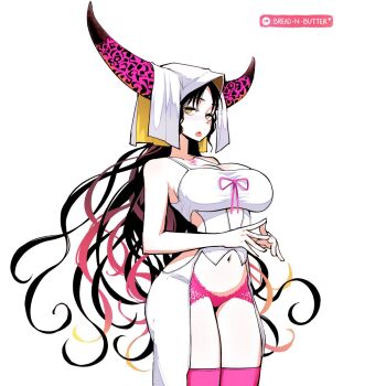 Rule 34 | 1girl, artist name, bare arms, black hair, blonde hair, bread-n-butter, breasts, clothing cutout, cowboy shot, double-parted bangs, facial mark, fate/grand order, fate (series), forehead mark, gradient hair, highres, horns, lace, large breasts, lingerie, looking at viewer, multicolored hair, navel, pink hair, pink lips, pink ribbon, revealing clothes, ribbon, sessyoin kiara, sessyoin kiara (heaven's hole), sideways glance, simple background, solo, spaghetti strap, thighhighs, underwear, white background, wimple, yellow eyes