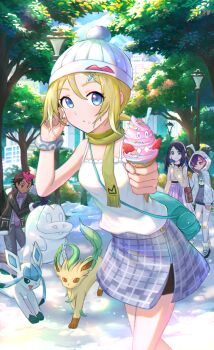 1boy 3girls beanie blonde_hair blue_eyes bracelet closed_mouth contemporary dot_(pokemon) food green_bag hair_between_eyes hat holding holding_ice_cream_cone ice_cream ice_cream_cone irida_(pokemon) jewelry kutsunohito lamppost liko_(pokemon) multiple_girls nintendo pokemon pokemon_(anime) pokemon_(creature) pokemon_horizons pokemon_legends:_arceus roy_(pokemon) scarf shadow shirt skirt sleeveless sleeveless_shirt tree white_hat white_shirt yellow_scarf