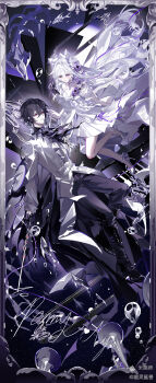 1boy 1girl absurdres air_bubble anklet arm_at_side ascot ayn_alwyn ayn_alwyn_(dreamland_wonder) bare_shoulders black_ascot black_background black_boots black_border black_gloves black_hair black_pants black_shirt blush boots border brooch bubble character_name choker coat commission conductor_baton corsage dress empty_picture_frame eye_contact fish fish_skeleton_hair_ornament flower full_body gem gloves gradient_border hair_between_eyes hair_flower hair_intakes hair_ornament hairband half_gloves hand_in_another's_hair hand_up high-low_dress high_heels highres holding holding_wand jewelry knee_boots lace-up_boots light_smile lolita_hairband long_hair long_sleeves looking_at_another lovebrush_chronicles mihuashi_commission mihuashi_username mystical_high_collar necklace oc_x_canon off-shoulder_dress off_shoulder original pants parted_lips pearl_necklace piano_keys picture_frame purple_choker purple_eyes purple_flower purple_gemstone purple_ribbon red_eyes ribbon shirt shoes short_dress short_hair short_sleeves standing torn_ascot torn_clothes very_long_hair wand white_border white_coat white_dress white_hair white_hairband white_shoes yurki