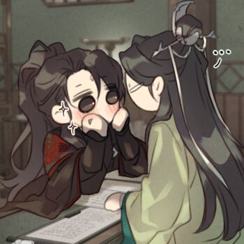 ... 2boys black_hair black_hanfu blank_eyes blush book chibi chibi_only chinese_clothes commentary curtained_hair eetttaaa green_hanfu half-closed_eyes half_updo hands_on_own_face hanfu high_ponytail indoors long_sleeves looking_at_another luo_binghe male_focus multiple_boys no_mouth ponytail ren_zhafan_paijizu_xitong ribboned_xiao_guan shen_qingqiu sparkle spoken_ellipsis table untranslatable_commentary wide_sleeves yaoi zuiyin