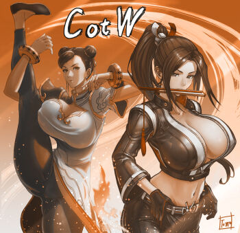 2girls black_jacket black_pants black_pantyhose blue_dress breasts capcom china_dress chinese_clothes chun-li cleavage cleavage_cutout clothing_cutout covered_erect_nipples cropped_jacket crossover double_bun dress fatal_fury fatal_fury:_city_of_the_wolves hair_bun hand_fan high_ponytail highres holding holding_fan jacket large_breasts long_hair mouth_hold multiple_girls pants pantyhose ponytail shiranui_mai split standing standing_on_one_leg standing_split street_fighter street_fighter_6 tomo_eokaiteru