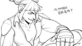 1girl archived_source arm_up biker_clothes bikesuit blunt_bangs bodysuit breasts drill_hair efd evil_smile eyepatch fingerless_gloves furrowed_brow gloves han_juri hand_on_own_leg highres korean_commentary korean_text leg_up padded_gloves sidelocks smile street_fighter street_fighter_v toned toned_female translation_request twin_drills unzipped veiny_face