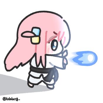 1girl belt black_belt blue_eyes bocchi_the_rock! chibi chibi_only dougi from_side full_body gotoh_hitori hadouken hands_up highres karate karate_gi long_hair looking_ahead lulalang martial_arts_belt one_side_up pink_hair profile simple_background solo standing street_fighter white_background white_dougi