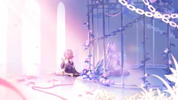 2girls absurdres bad_link bare_shoulders cage coat cyrene_(aedes_elysiae)_(honkai:_star_rail) cyrene_(honkai:_star_rail) cyrene_(ripples_of_past_reverie)_(honkai:_star_rail) dress flower hair_ornament highres honkai:_star_rail honkai_(series) jewelry multiple_girls necklace official_art open_mouth petals pink_hair pink_ribbon purple_coat ribbon sitting smile white_dress
