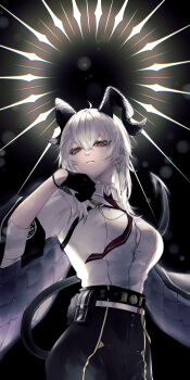 1girl armband black_armband black_gloves black_horns black_jacket black_pants black_tail breasts button_gap closed_mouth collared_shirt commentary cowboy_shot curled_horns demon_tail earrings gloves hair_between_eyes hand_up highres horns jacket jacket_on_shoulders jewelry key_earrings looking_at_viewer medium_breasts necktie pants red_eyes red_necktie shirt shirt_tucked_in solo tail uyuni_(npse3773) white_shirt wuthering_waves zani_(wuthering_waves)