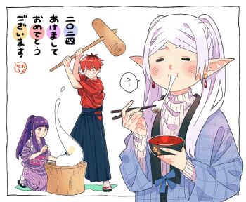 1boy 2girls =_= alternate_costume alternate_hairstyle black_hakama blue_robe bowl brown_hair chopsticks commentary earrings fern_(sousou_no_frieren) food frieren hakama highres holding holding_bowl holding_chopsticks holding_mallet japanese_clothes jewelry kimono kine kneeling mallet mochi mochitsuki mortar_(bowl) multicolored_hair multiple_girls onka_(aun_ka28) parted_lips plant_roots purple_eyes purple_hair purple_kimono red_hair ribbed_sweater robe sandals sleeves_past_wrists socks sousou_no_frieren stark_(sousou_no_frieren) striped_clothes striped_kimono sweater teardrop_earrings translation_request turtleneck turtleneck_sweater twintails two-tone_hair white_hair white_socks white_sweater