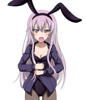 Rule 34 | 1girl, adapted costume, angry, animal ear hairband, animal ears, anime coloring, black leotard, black pantyhose, blush, breasts, cleavage, collarbone, collared shirt, commentary request, commission, covering stomach, fake animal ears, frown, girls und panzer, girls und panzer little army, grey shirt, hairband, highres, key (gaigaigai123), kuromorimine military uniform, leotard, leotard under clothes, long hair, long sleeves, open clothes, open mouth, open shirt, pantyhose, pink eyes, pink hair, rabbit ear hairband, rabbit ears, sheska (girls und panzer), shirt, simple background, skirt, strapless, strapless leotard, unbuttoned, unworn skirt, white background