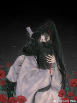 2boys black_boots black_hair black_hanfu boots carrying carrying_person chinese_clothes chinese_commentary closed_eyes commentary_request couple diaomaoxiaoheidaoliangquanban flower hair_ribbon hanfu headband high_ponytail highres hug lan_wangji light_particles long_hair long_sleeves male_focus modao_zushi multiple_boys pants ponytail red_flower red_ribbon ribbon robe sitting sitting_on_lap sitting_on_person topknot very_long_hair watermark wei_wuxian weibo_watermark white_hanfu white_headband white_pants wide_sleeves xiao_guan_(headdress) yaoi