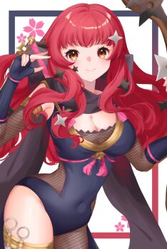 1girl asymmetrical_legwear black_scarf blush bodystocking bow_(weapon) breasts cleavage closed_mouth covered_navel ell_0314 facial_mark fire_emblem fire_emblem_engage fire_emblem_heroes fishnet_bodystocking fishnet_thighhighs fishnets hair_ornament highres holding holding_bow_(weapon) holding_shuriken holding_weapon japanese_clothes knife large_breasts long_hair looking_at_viewer ninja nintendo official_alternate_costume red_eyes red_hair scarf shuriken shuriken_hair_ornament single_thighhigh smile solo star_(symbol) star_facial_mark star_hair_ornament sword thighhighs weapon yunaka_(fire_emblem) yunaka_(stealthy_imitator)_(fire_emblem)
