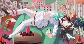 1girl absurdres airi_(blue_archive) aqua_eyes arched_back black_hair black_shoes blue_archive blue_sailor_collar blurry blurry_foreground bow bowtie commentary depth_of_field food food_on_face frilled_skirt frills full_body green_bow green_bowtie green_halo half_updo halo highres ice_cream ice_cream_on_face loafers long_hair long_sleeves looking_at_viewer lying midriff miniskirt mint_chocolate nail_polish navel on_back oversized_food oversized_object pink_nails sailor_collar school_uniform serafuku shirt shirt_rolled_up shoes skindentation skirt solo thighhighs white_serafuku white_shirt white_thighhighs yayayadoc zettai_ryouiki