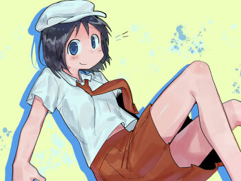 1girl black_hair blue_eyes blue_outline city_(arawi_keiichi) closed_mouth collared_shirt commentary_request dot_nose hat highres izumi_wako looking_at_viewer necktie outline qjrs4221 red_necktie red_skirt shirt short_hair short_sleeves sitting skirt smile solo white_hat white_shirt yellow_background
