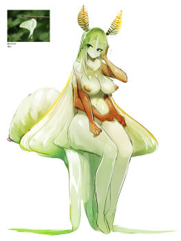 1girl antennae breasts bug colored_skin extra_arms female_focus green_hair green_skin highres bug arthropod_girl large_breasts long_hair monster_girl moth moth_girl my700 nipples nude original reference_photo simple_background sitting solo very_long_hair white_background wide_hips