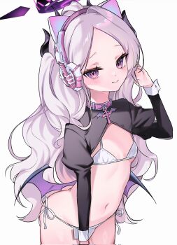 ahoge blue_archive bra demon_girl demon_horns demon_wings halo highres hina_(blue_archive) horns loli long_hair looking_at_viewer low_wings navel purple_eyes reverse_bunnysuit reverse_outfit siho_is_alien simple_background standing translation_request underwear white_background white_bra white_hair wings