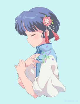 Rule 34 | absurdres, blue background, blue hair, chinese clothes, closed eyes, closed mouth, flower, from side, hair flower, hair ornament, hand on own chest, highres, pink flower, protected link, ranma 1/2, short hair, smile, tendou akane, tokito rk