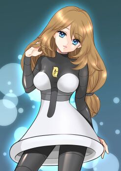 1girl blonde_hair blue_eyes breasts commentary_request commission cosplay dress highres logo long_hair long_sleeves looking_at_viewer mars_(pokemon) mars_(pokemon)_(cosplay) maskmaya1 nintendo open_mouth pokemon pokemon_dppt pokemon_xy serena_(pokemon) skirt smile solo team_galactic team_galactic_uniform thighhighs