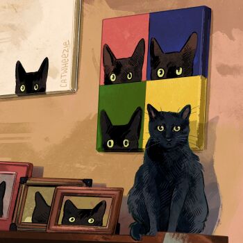 absurdres animal animal_focus artist_name black_cat cat catwheezie commentary english_commentary highres indoors looking_at_viewer no_humans original painting_(object) photo-referenced picture_frame