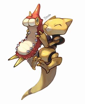 Rule 34 | abra, closed eyes, gen 1 pokemon, gen 3 pokemon, highres, holding, holding pokemon, nintendo, pokemon, pokemon (creature), signature, simple background, tail, totennko, white background, wurmple
