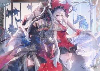 2girls bare_shoulders black_dress black_gloves blue_eyes breasts cleavage commentary detached_sleeves dress fate/grand_order fate_(series) gloves hat highres large_breasts long_hair marie_antoinette_(fate) marie_antoinette_(rider)_(fate) marie_antoinette_alter_(fate) medium_breasts multiple_girls no-kan pink_gloves pink_hat purple_lips signature symbol-only_commentary watermark white_hair yellow_eyes