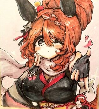 1girl ;o animal_ears black_gloves blowing_kiss blue_eyes blush breasts brown_hair cleavage commentary_request ear_covers fingerless_gloves gloves hair_between_eyes heart horse_ears horse_girl horse_tail japanese_clothes kimono kuji-in large_breasts long_hair looking_at_viewer multicolored_hair nanohana ninja official_alternate_costume official_alternate_hair_length official_alternate_hairstyle one_eye_closed outstretched_arm puckered_lips reaching reaching_towards_viewer scarf shuriken shuriken_hair_ornament simple_background sleeveless sleeveless_kimono solo streaked_hair super_creek_(flowery_shadow_amongst_the_gentle_rain)_(umamusume) super_creek_(umamusume) tail traditional_media umamusume weapon white_background white_hair white_scarf