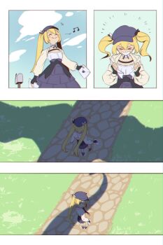 1girl black_gloves blonde_hair dokibird dokibird_(retro_doki) dragon fingerless_gloves gloves grin hat highres indie_virtual_youtuber jacket long_hair open_clothes open_jacket shadow smile tagme teeth twintails virtual_youtuber yoruny