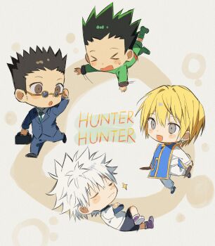 >_< 4boys :3 adjusting_eyewear black_hair black_shorts blonde_hair blue_jacket blue_pants blue_suit blue_tabard blush boots briefcase brown_eyes chibi chibi_only closed_eyes closed_mouth colored_tips copyright_name crossed_arms formal_clothes full_body glasses gon_freecss green_boots green_hair green_jacket green_shorts hair_between_eyes hashtag-only_commentary highres holding holding_briefcase hunter_x_hunter jacket killua_zoldyck kurapika layered_sleeves leorio_paladiknight long_sleeves male_focus multicolored_hair multiple_boys open_mouth pants round_eyewear sevenlistening shirt short_hair short_over_long_sleeves short_sleeves shorts spiked_hair suit tabard two-tone_hair white_hair white_pants white_shirt