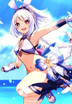1girl braid breasts bright_pupils cloud cloudy_sky dark_skin fingerless_gloves genshin_impact gloves hairband highres jumping leg_tattoo medium_hair mualani_(genshin_impact) navel ocean open_mouth ponytail purple_sandals red_eyes sandals sky smile solo tan tattoo teeth upper_body upper_teeth_only water_drop white_gloves white_hair white_pupils yoi_(a27963244)