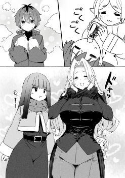 1boy 3girls :3 :t age_difference aged_down belt breasts commentary_request drinking fern_(sousou_no_frieren) frieren greyscale highres large_breasts looking_at_another looking_at_viewer methode_(sousou_no_frieren) monochrome multiple_girls onee-shota pout shota sky-freedom sousou_no_frieren stark_(sousou_no_frieren)