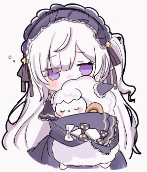 1girl blue_dress blue_hairband bow commentary_request dress empty_eyes gothic_lolita hair_over_one_eye hairband highres hugging_object lolita_fashion lolita_hairband long_hair mahou_shoujo_no_majo_saiban myua_(wan_wan_00xx) natsume_an-an polka_dot polka_dot_bow purple_eyes simple_background sleeves_past_fingers sleeves_past_wrists solo stuffed_animal stuffed_sheep stuffed_toy tied_sleeves very_long_hair white_background white_hair