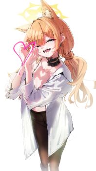 Rule 34 | 1girl, absurdres, amamami prime, animal ear fluff, animal ears, black pantyhose, blue archive, blue eyes, blush, breasts, cat ears, cat girl, choker, collared shirt, commentary request, extra ears, frilled choker, frills, halo, heart, heart hands, highres, looking at viewer, low twintails, mari (blue archive), official alternate hairstyle, open clothes, open mouth, open shirt, orange hair, pantyhose, shirt, solo, twintails, white shirt, yellow halo
