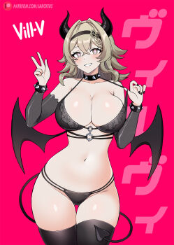 1girl bare_shoulders black_bra black_choker black_hairband black_nails black_panties black_thighhighs bra breasts brown_hair character_name choker commentary cowboy_shot demon_girl demon_horns demon_tail demon_wings detached_sleeves english_commentary grey_eyes hair_intakes hairband highres honkai_(series) honkai_impact_3rd horns jarckius large_breasts looking_at_viewer medium_hair navel panties patreon_username pink_background smile solo stomach tail thighhighs thighs underwear vill-v wings
