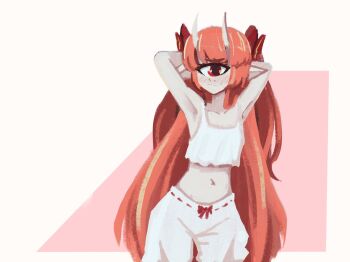 1girl 2025 armpits cecilia_rosenkreutz character_name highres horns indie_virtual_youtuber loli nogamiryyotaro one-eyed oni_girl orange_hair pointy_ears red_eyes standing white_blooemrs