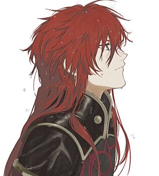 Rule 34 | 1boy, asch (tales), black tabard, closed mouth, from side, green eyes, hair between eyes, long hair, looking up, male focus, meba, messy hair, profile, red hair, shoulder pads, solo, tabard, tales of (series), tales of the abyss, upper body, water, wet, wet hair, white background