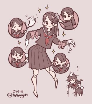 artist_name ayakakashi black_eyes black_hair black_serafuku black_skirt bow hair_brush long_hair neckerchief nishida_rinko oisiso pink_bow pleated_skirt red_neckerchief school_uniform serafuku silent_hill_(series) silent_hill_f simple_background skirt smile sparkle