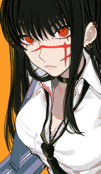 1girl aegyo_sal bag black_choker black_hair black_necktie breasts chainsaw_man choker cleavage cross_scar ear_piercing facial_scar highres long_hair looking_at_viewer medium_breasts necktie orange_background orange_eyes piercing ringed_eyes sailen0 scar scar_on_cheek scar_on_face shirt shoulder_bag simple_background solo white_shirt yoru_(chainsaw_man)