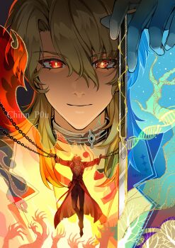 1boy absurdres black_pants blonde_hair chained_wrists chinnpou closed_mouth coat commentary gloves hair_between_eyes hand_up hashtag-only_commentary highres holding holding_scalpel long_hair looking_at_viewer luuk_herssen_(wuthering_waves) male_focus multiple_views pants red_coat red_eyes scalpel smile straight-on white_gloves wuthering_waves yellow_pupils