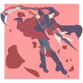 1girl 55bata6rou black_boots black_dress black_hair black_pantyhose boots border cape crescent_rose dress floating_clothes floating_hair full_body high_heel_boots high_heels highres holding holding_scythe holding_weapon hood hooded_cape knee_boots looking_at_viewer multicolored_hair outside_border pantyhose petals red_background red_cape red_hair rose_petals ruby_rose rwby scythe short_hair simple_background solo standing weapon white_border