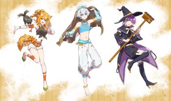 1girl 2boys :d animal_ear_fluff animal_ears animal_on_arm anklet bare_shoulders barefoot black_boots black_cape black_hat black_shirt black_shorts black_sleeves blue_eyes blue_hair blue_sleeves boots broom cape cat cat_ears cat_girl cat_tail character_request claw_pose commentary_request copyright_request crop_top cropped_shirt detached_sleeves double-parted_bangs fingerless_gloves full_body gloves green_shoes grin hair_between_eyes hand_up hat heterochromia high_heel_boots high_heels highres holding holding_broom jewelry long_hair long_sleeves looking_at_viewer midriff multicolored_hair multiple_boys navel open_mouth orange_eyes orange_hair outstretched_arm pants purple_cape purple_eyes purple_hair shinishi_chiho shirt shoes short_hair shorts sleeveless sleeveless_shirt smile standing standing_on_one_leg tail thigh_boots thighhighs two-sided_cape two-sided_fabric two-tone_hair v-shaped_eyebrows white_gloves white_hair white_pants white_shorts white_thighhighs wide_sleeves witch_hat yellow_eyes