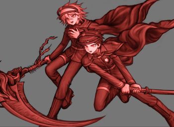2boys ahoge aotsuki_eito aotsuki_eito_(cosplay) belt boots cape commentary_request cosplay danganronpa_(series) danganronpa_2:_goodbye_despair gakuran geta hand_up highres hinata_hajime holding holding_scythe holding_sword holding_weapon hole_in_chest hole_on_body ja_ko_(osyy_mo) jacket knee_boots komaeda_nagito komatsuzaki_rui_(style) last_defense_academy_school_uniform male_focus multiple_boys open_mouth pants red_theme school_uniform scythe short_hair smile sumino_takumi sumino_takumi_(cosplay) sword the_hundred_line_-last_defense_academy- thigh_strap weapon