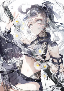 1girl absurdres belt black_skirt breasts closed_mouth commentary_request flower grey_eyes grey_hair highres holding holding_sword holding_weapon katana long_hair looking_at_viewer midriff navel negimapurinn original pleated_skirt ponytail sensitive sheath skirt solo sword unsheathing water weapon white_background white_flower