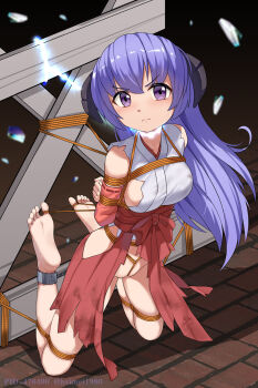 1girl angry arms_behind_back bare_legs barefoot bdsm blush bondage bound bound_arms bound_legs bound_toes breasts chain chained closed_mouth crotch_rope detached_sleeves embarrassed feet_up frown full_body groin haimei1980 hair_between_eyes hakama hakama_skirt hanyuu highres higurashi_no_naku_koro_ni horns japanese_clothes kimono kneeling legs_folded long_hair looking_at_viewer medium_breasts miko no_bra no_panties nontraditional_miko on_ground outdoors purple_eyes purple_hair red_hakama restrained shards shibari skindentation skirt soles solo toes torn_clothes torn_hakama torn_kimono very_long_hair