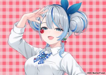 1girl :d absurdres amagai_ruka blue_eyes blue_hair blue_nails bow breast_pocket breasts cherry cherry_pop_(vocaloid) double_bun ear_piercing food fruit grey_hair hair_between_eyes hair_bow hair_bun hair_ornament heart heart_hair_ornament heart_hands highres large_breasts long_hair men_(amagai_ruka) multicolored_hair nail_polish official_art open_mouth piercing pocket shirt simple_background skirt smile solo virtual_youtuber wajuniorbox weather_planet white_shirt