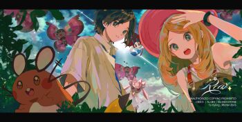 1boy 1girl alternate_costume black_hair bracelet calem_(pokemon) cloud collared_shirt commentary day dedenne diancie floette floette_(eternal) gen_1_pokemon gen_6_pokemon hat highres jewelry legendary_pokemon letterboxed long_hair mythical_pokemon nintendo open_mouth outdoors overalls parted_bangs pikachu pink_hat pokemon pokemon_(creature) pokemon_xy serena_(pokemon) shirt short_hair sky sleeveless sleeveless_shirt teeth tyou08665851 upper_teeth_only vivillon watermark