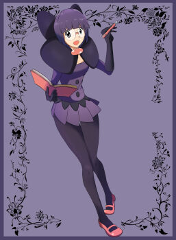 1girl blunt_bangs bob_cut book breasts collarbone elbow_gloves glasses gloves highres holding holding_book holding_pen ichii_(blackbook0007) leaning_forward low-cut medium_breasts neck_pillow nintendo open_mouth pantyhose pen pokemon pokemon_bw purple_hair purple_skirt rimless_eyewear round_eyewear shauntal_(pokemon) short_hair skirt smile solo
