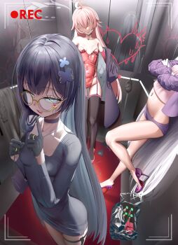 3girls ahoge black_gloves black_hair black_thighhighs blue_archive breasts commentary_request elevator glasses gloves grey_halo halo heart highres hina_(blue_archive) hoshino_(blue_archive) indoors kisaki_(blue_archive) long_hair looking_at_viewer mrsc multiple_girls navel pink_hair pink_halo playboy_bunny small_breasts standing thighhighs very_long_hair white_hair
