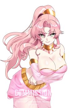 1girl absurdres armlet bandeau bare_shoulders belt breasts cleavage closed_mouth collar collarbone commentary commission cowboy_shot detached_sleeves english_commentary gold_armlet gold_belt gold_collar green_eyes high_ponytail highres jewelry large_breasts leaning_forward long_hair looking_at_viewer original pants parted_bangs pink_bandeau pink_hair pink_pants ponytail ryuuxin sidelocks simple_background smile solo watermark white_background
